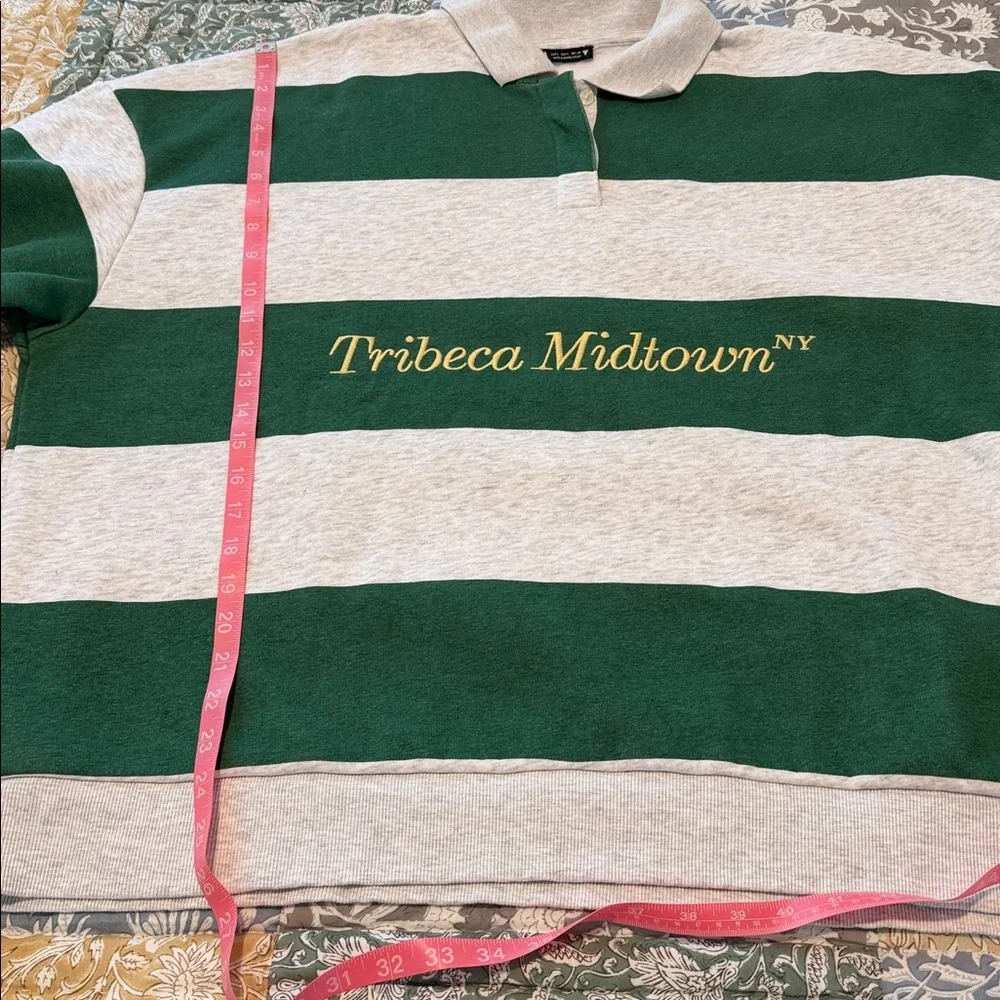 ZARA Tribeca Midtown NY Rugby Polo Sweatshirt Green Gray Striped Oversized - Picture 9 of 15